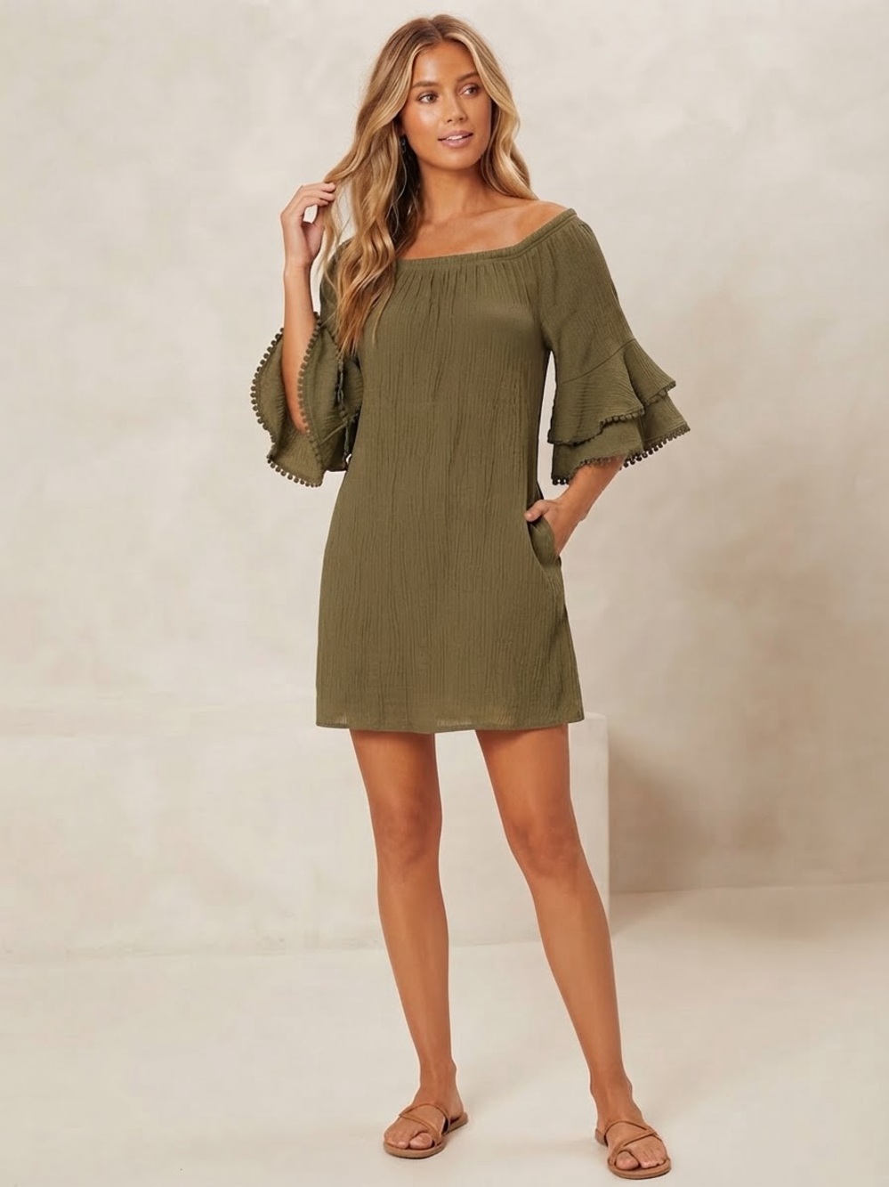 Naïf Olive Green Crinkle Tunic Dress Size Small Ruffle Bell Sleeve Boho Mini